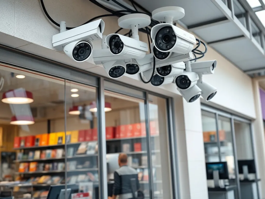 Modern retail district with storefronts and professional security camera coverage in Dallas